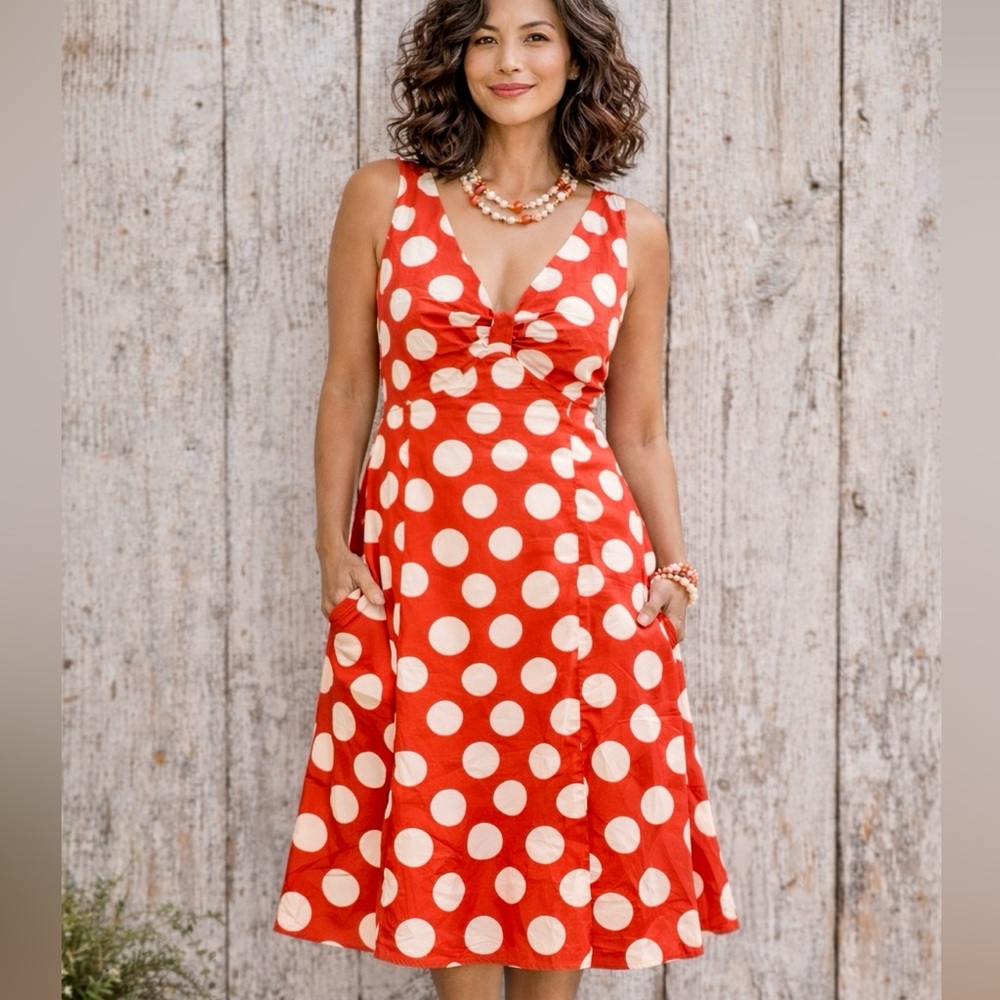 Boden Coral & White Polka Dot Flair Dress Size 10